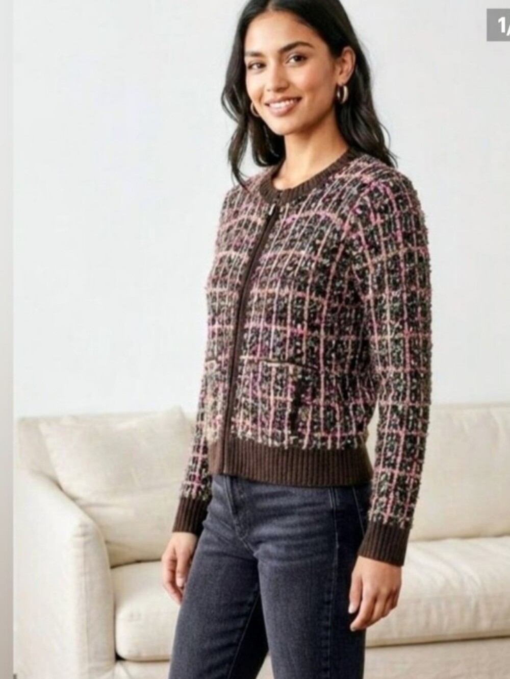Alia Black Tweed Zip Cardigan Jacket Pink Accents Boucle Knit Coquette